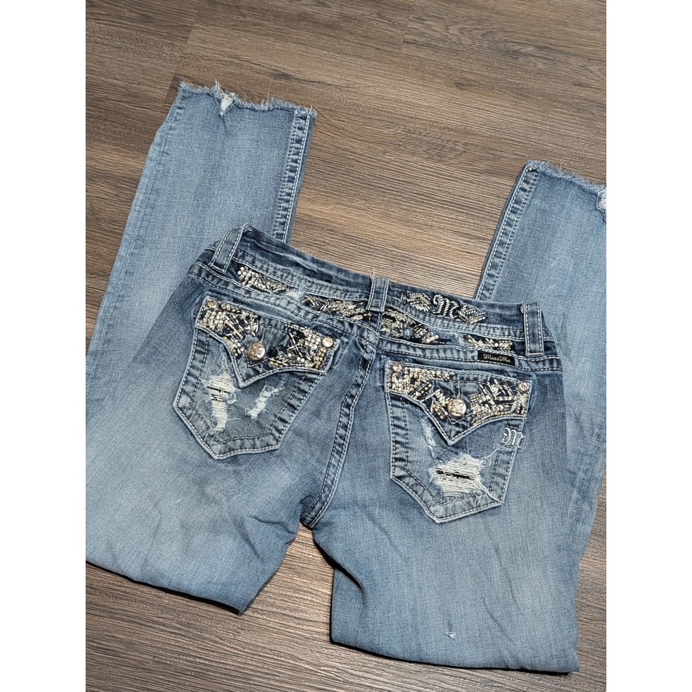 Miss Me Signature Crop‎ Jeans Womens 29 Medium Wash Embellished Distressed Y2K